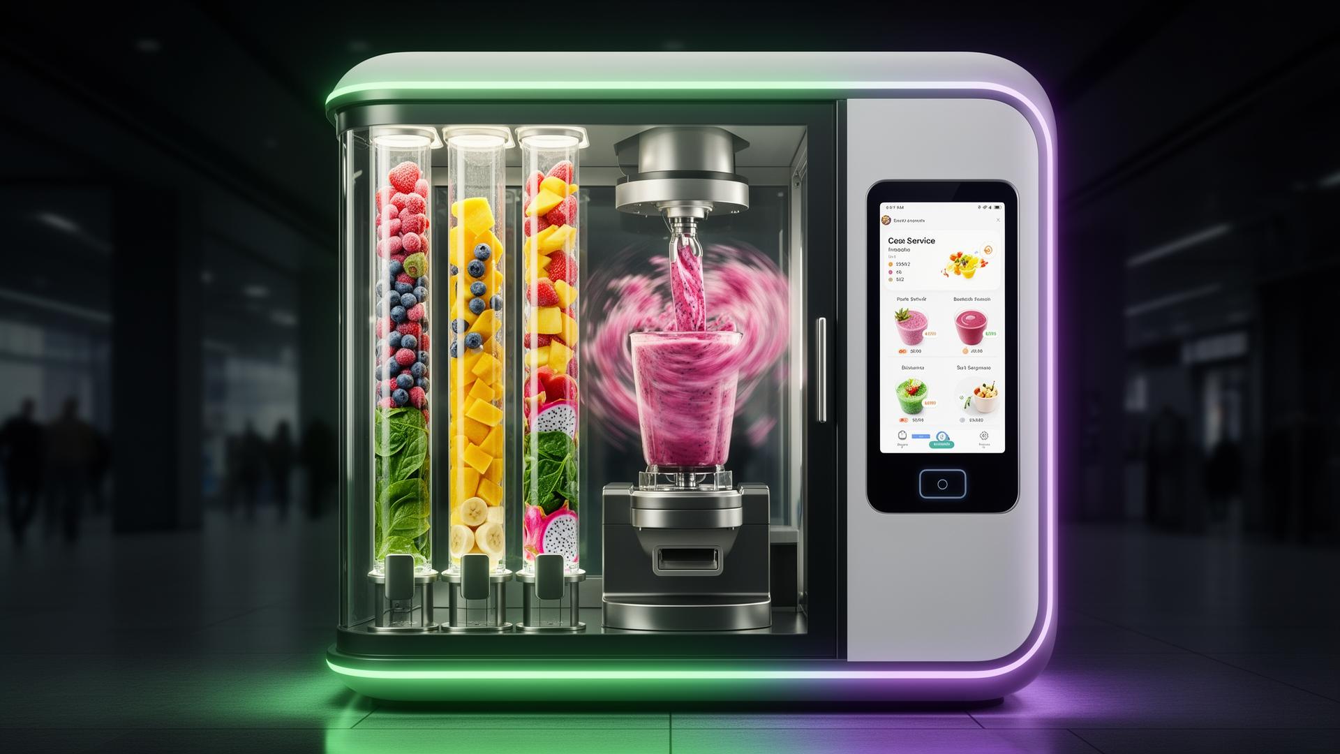 Bar robótico futurista preparando smoothie con pantalla LED de arte digital
